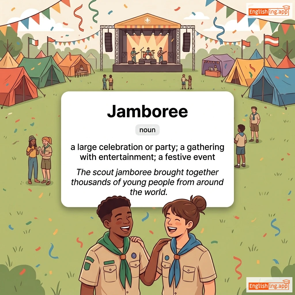 Jamboree definition card — visual illustration of the meaning
