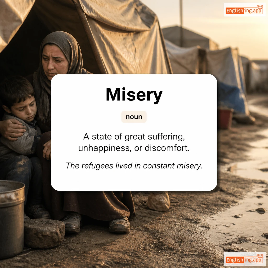 Misery definition card — visual illustration of the meaning