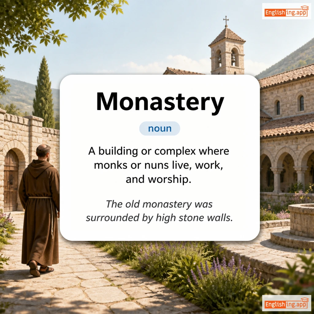 Monastery definition card — visual illustration of the meaning