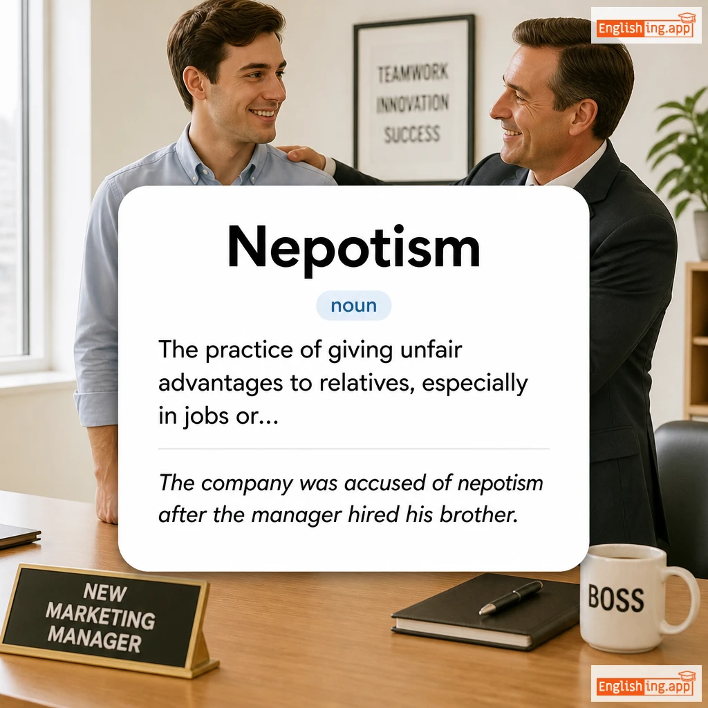 Nepotism definition card — visual illustration of the meaning