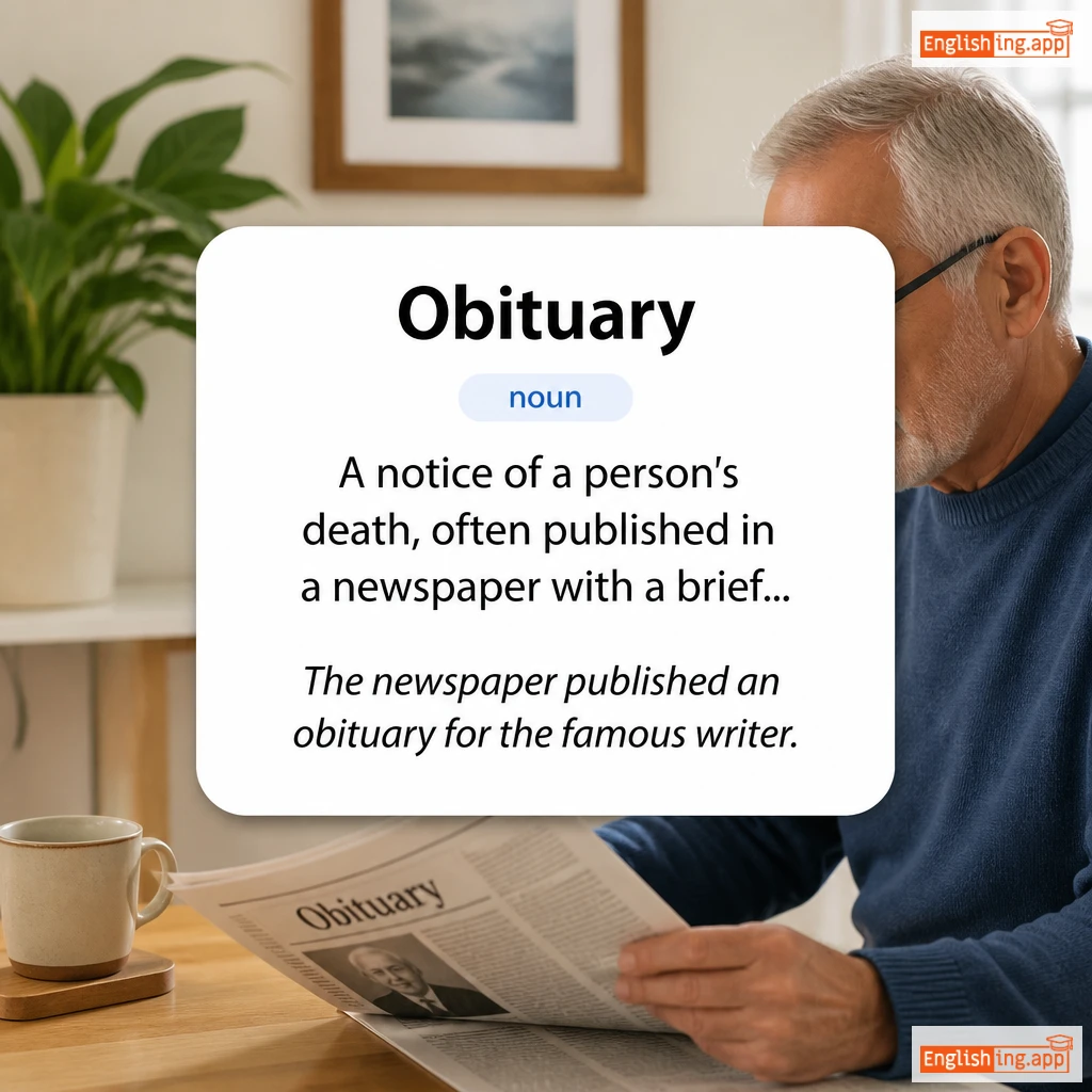 Obituary definition card — visual illustration of the meaning