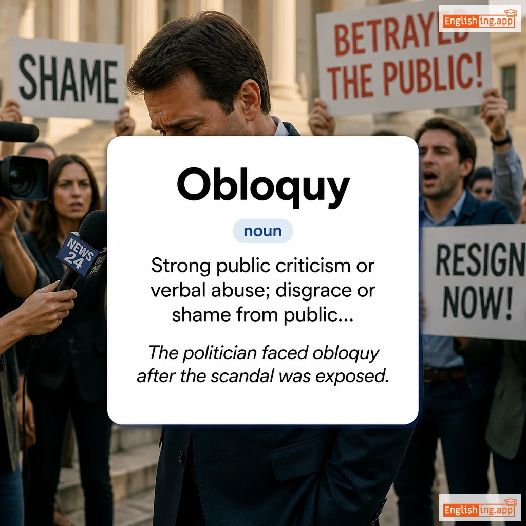 Obloquy definition card — visual illustration of the meaning