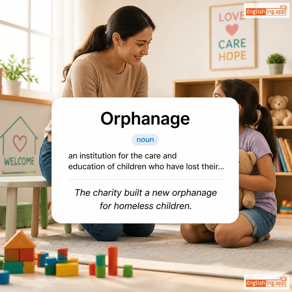 Orphanage definition card — visual illustration of the meaning