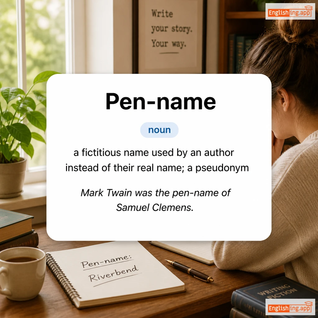 Pen-name definition card — visual illustration of the meaning