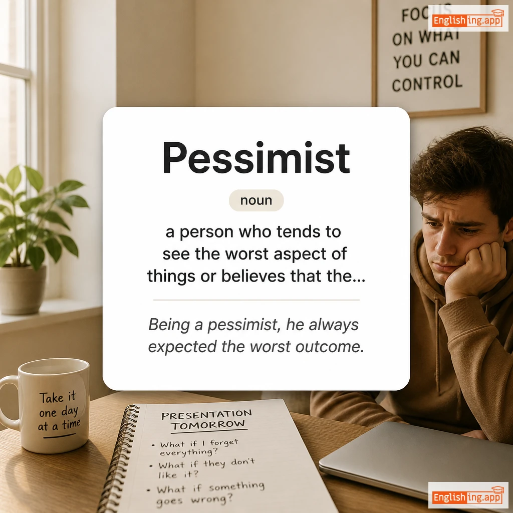 Pessimist definition card — visual illustration of the meaning