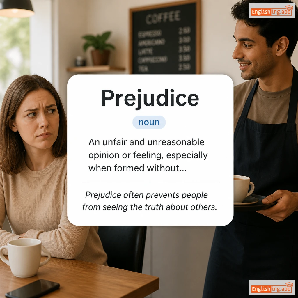 Prejudice definition card — visual illustration of the meaning