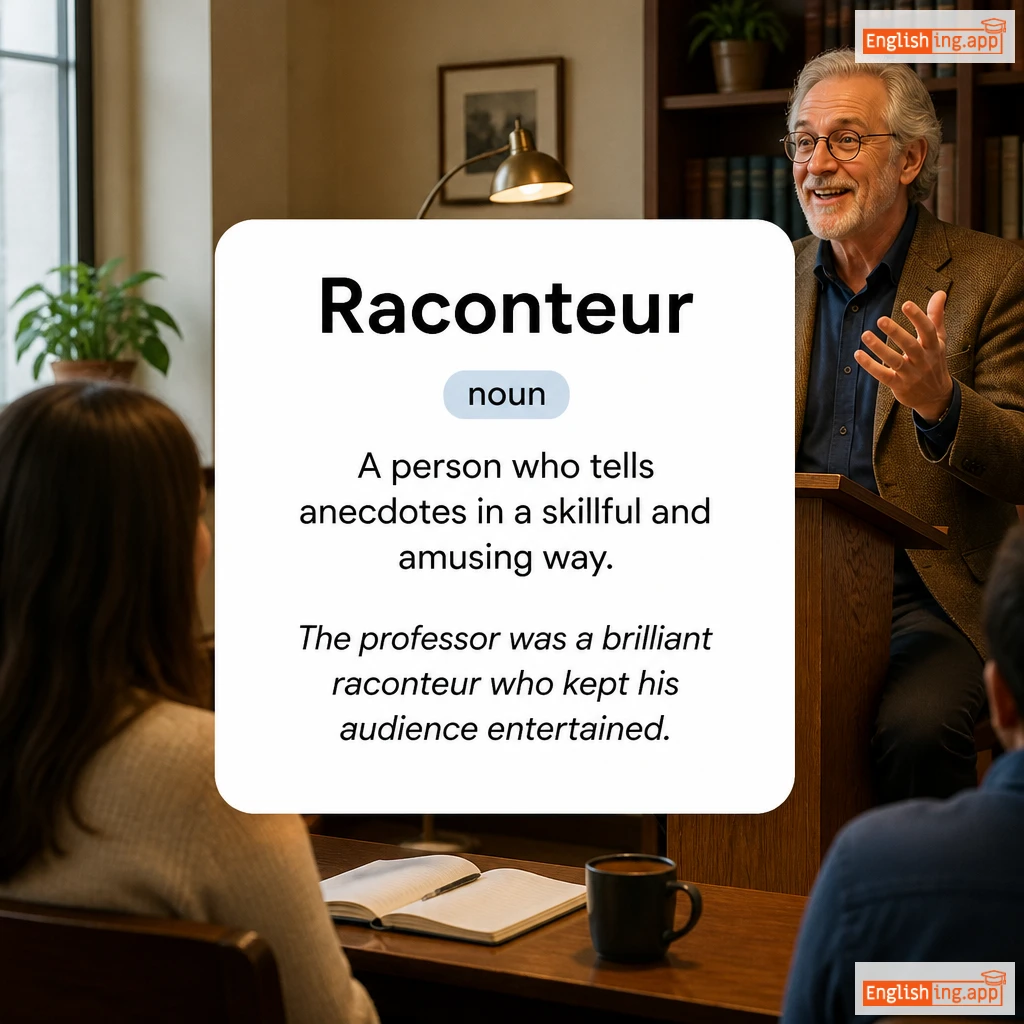 Raconteur definition card — visual illustration of the meaning