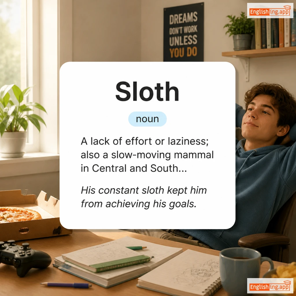 Sloth definition card — visual illustration of the meaning