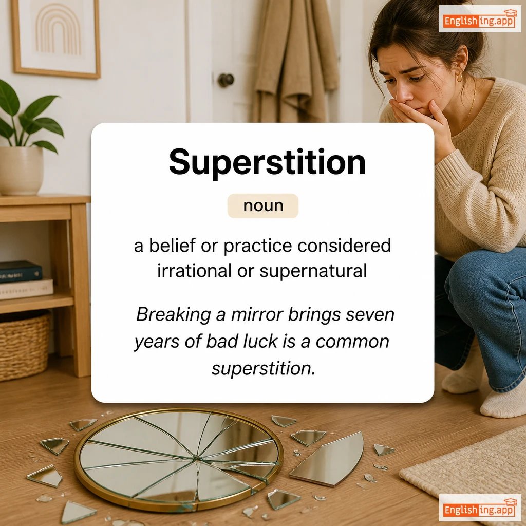 Superstition definition card — visual illustration of the meaning