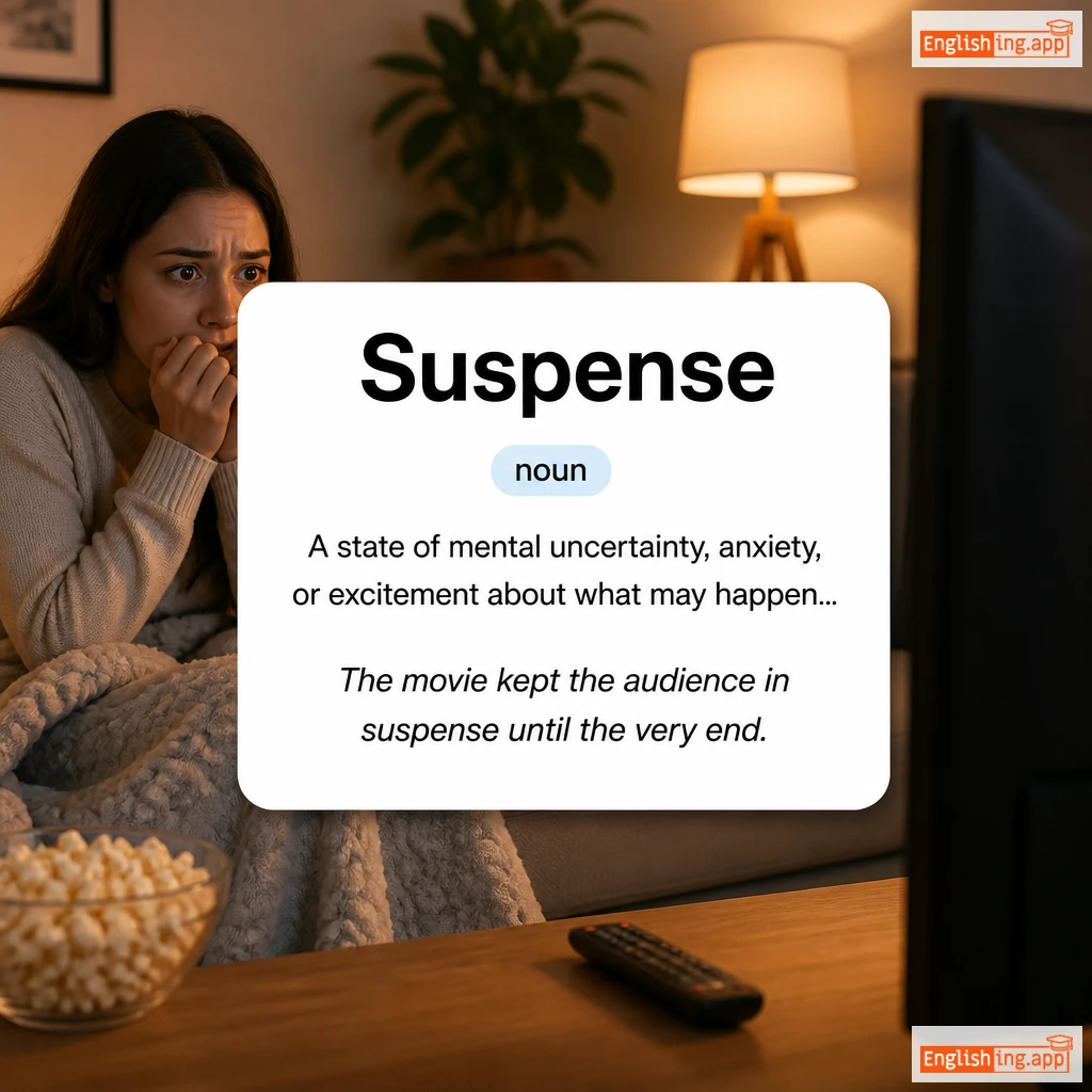Suspense definition card — visual illustration of the meaning