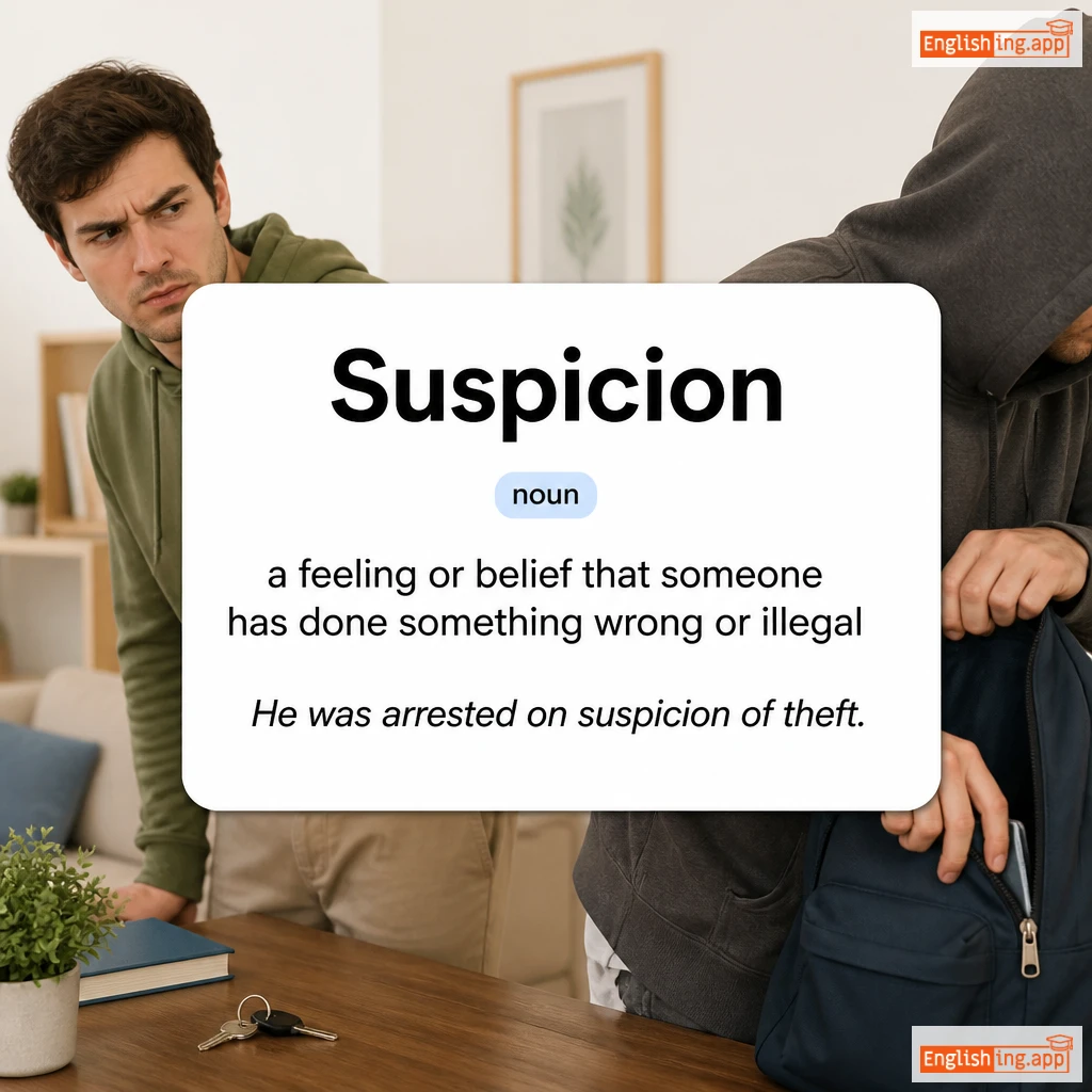 Suspicion definition card — visual illustration of the meaning