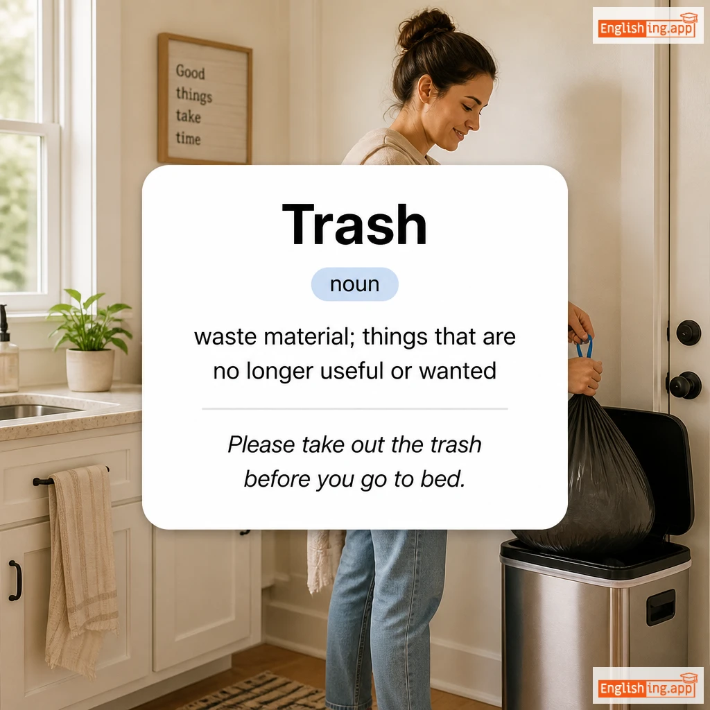 Trash definition card — visual illustration of the meaning