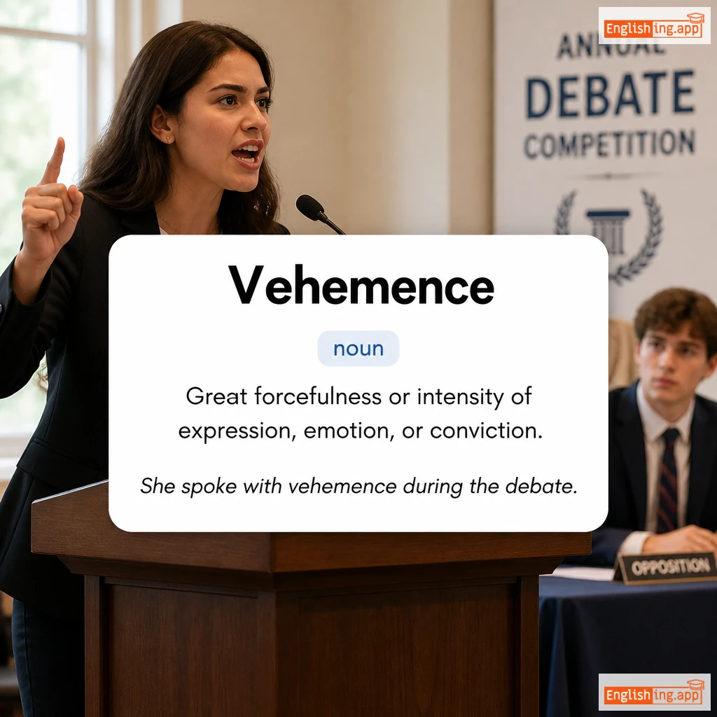 Vehemence definition card — visual illustration of the meaning