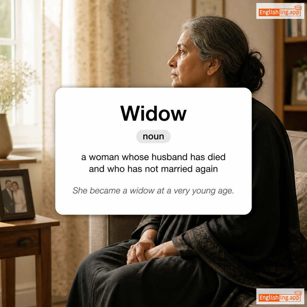 Widow definition card — visual illustration of the meaning