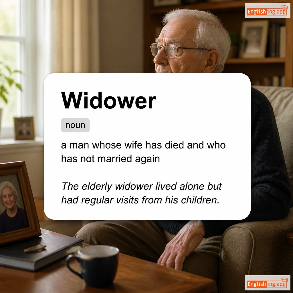 Widower definition card — visual illustration of the meaning