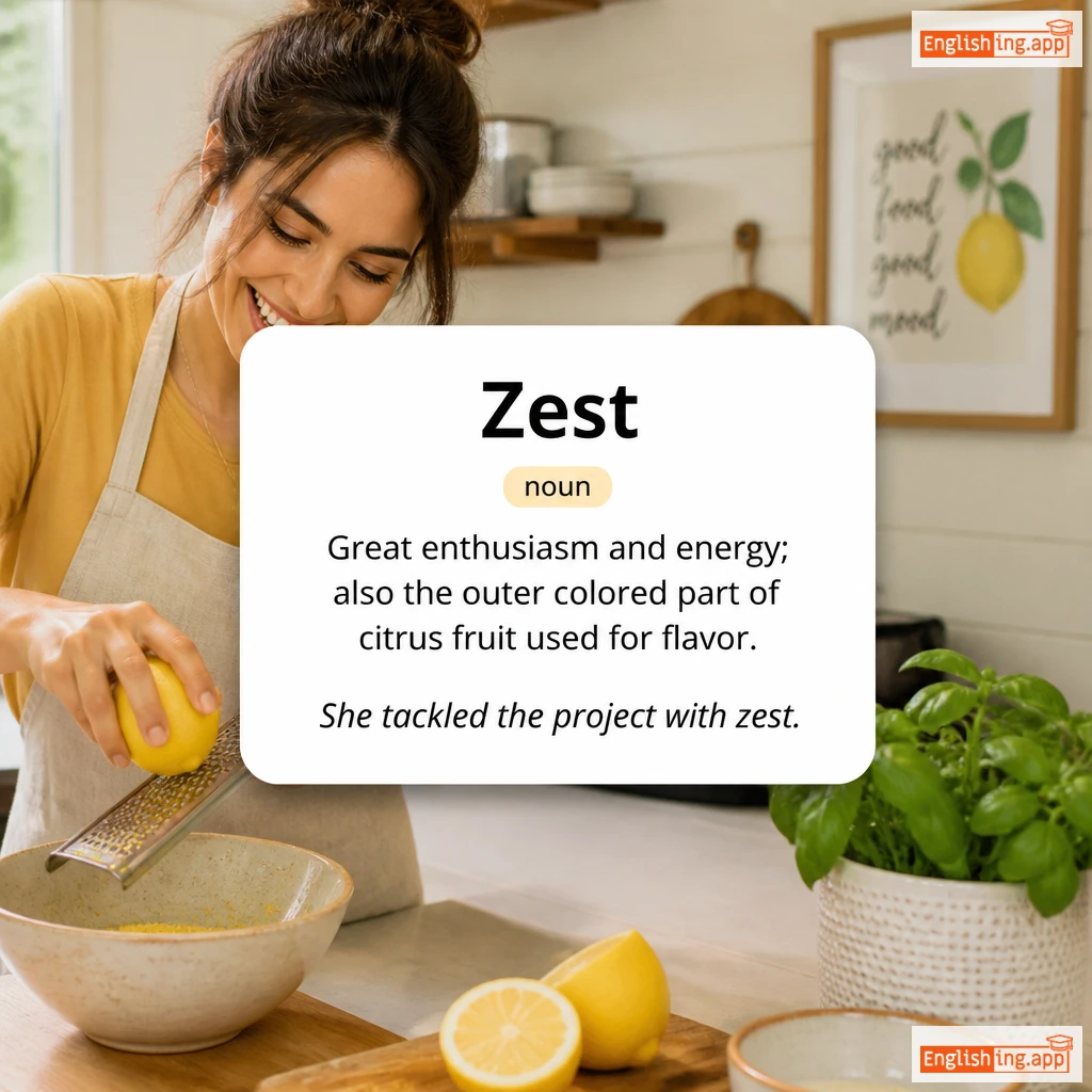 Zest definition card — visual illustration of the meaning