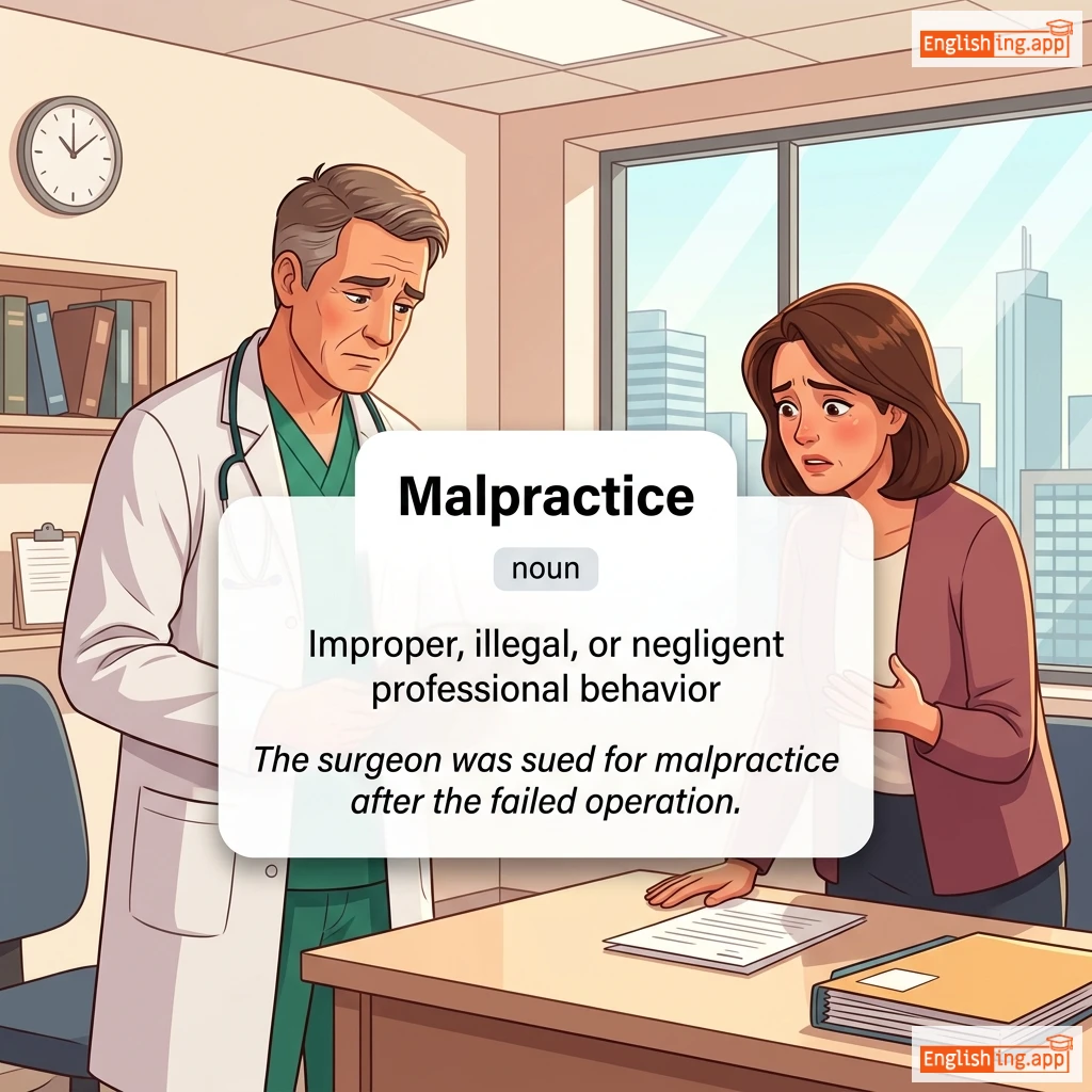 Malpractice definition card — visual illustration of the meaning