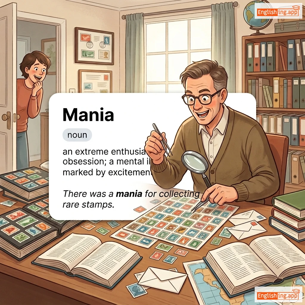Mania definition card — visual illustration of the meaning