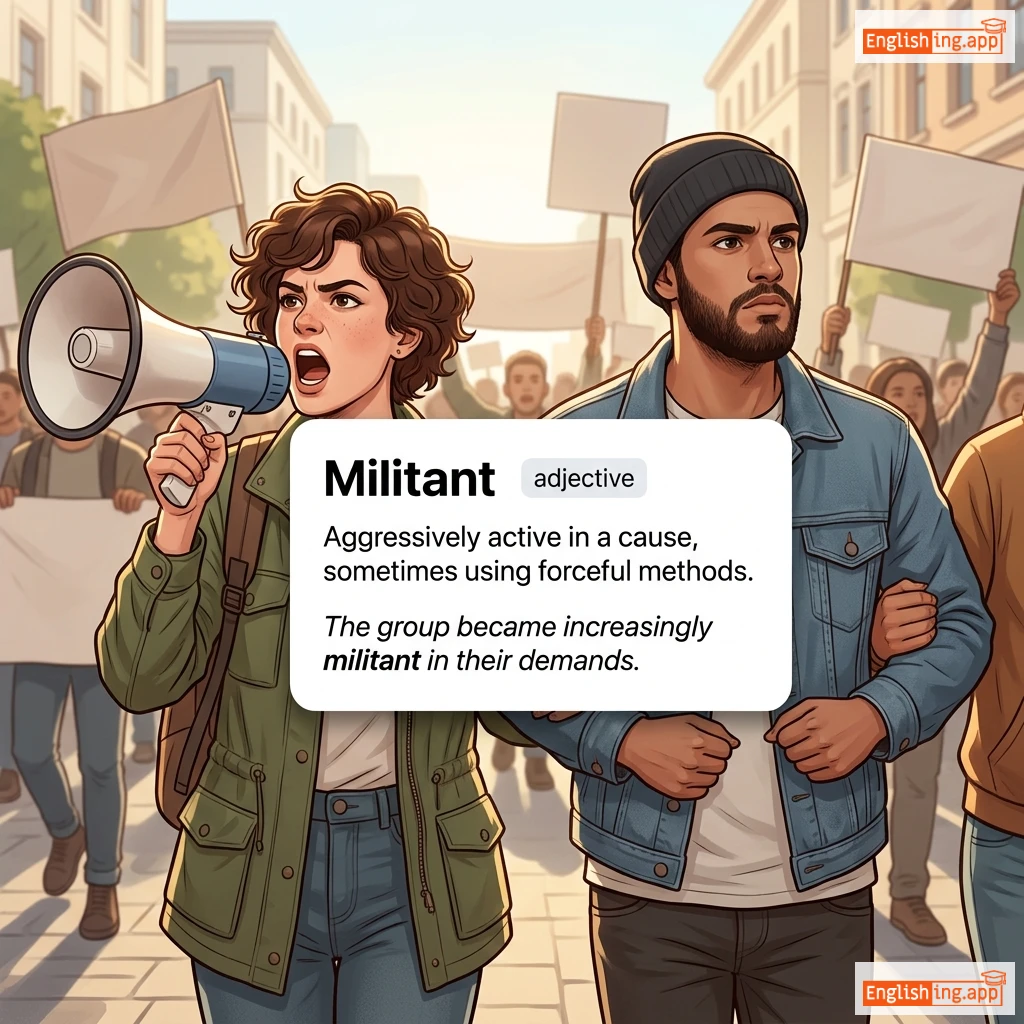Militant definition card — visual illustration of the meaning