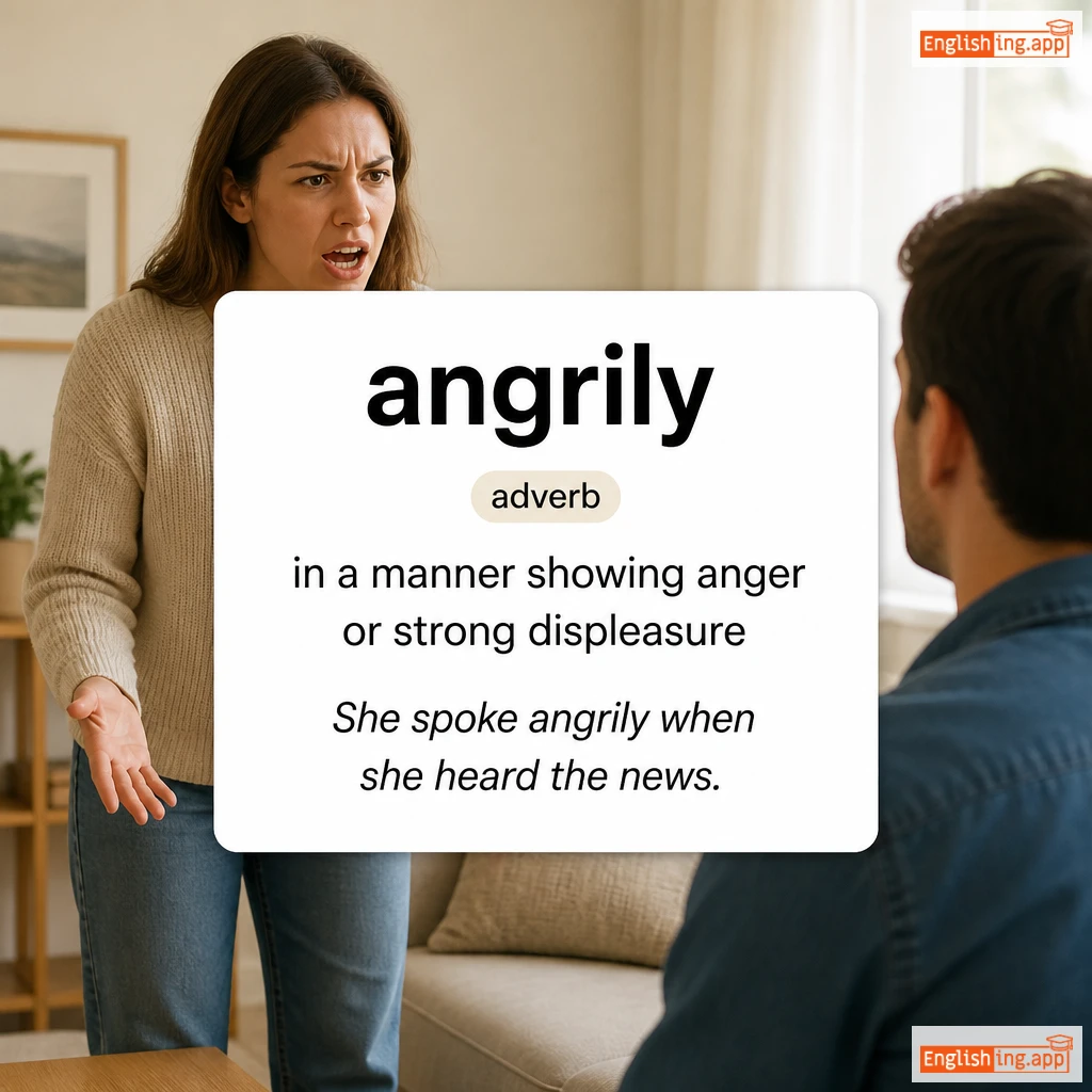 angrily definition card — visual illustration of the meaning