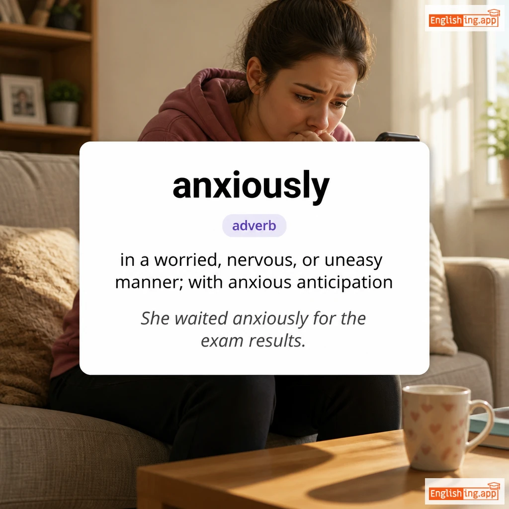 anxiously definition card — visual illustration of the meaning