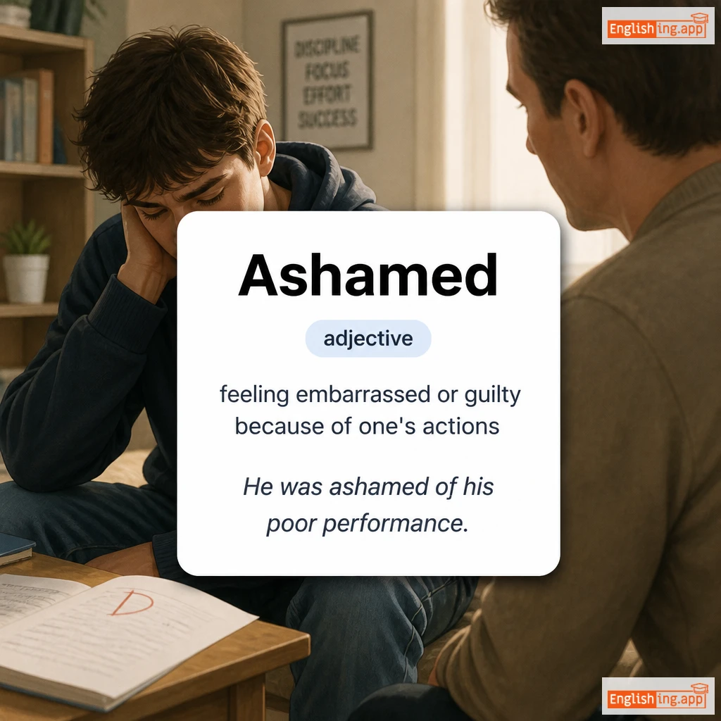 Ashamed definition card — visual illustration of the meaning
