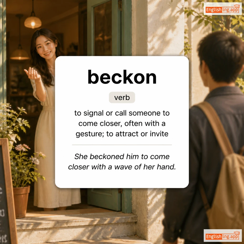 beckon definition card — visual illustration of the meaning