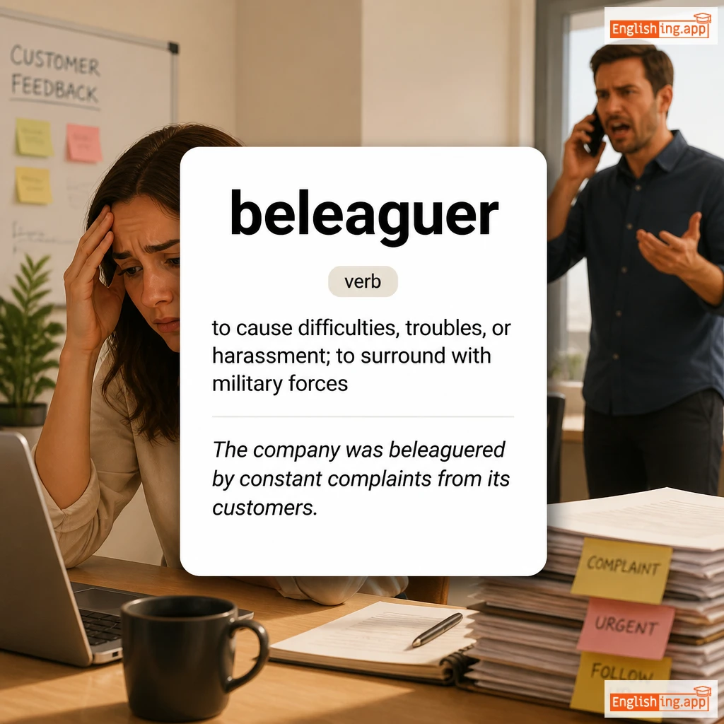 beleaguer definition card — visual illustration of the meaning