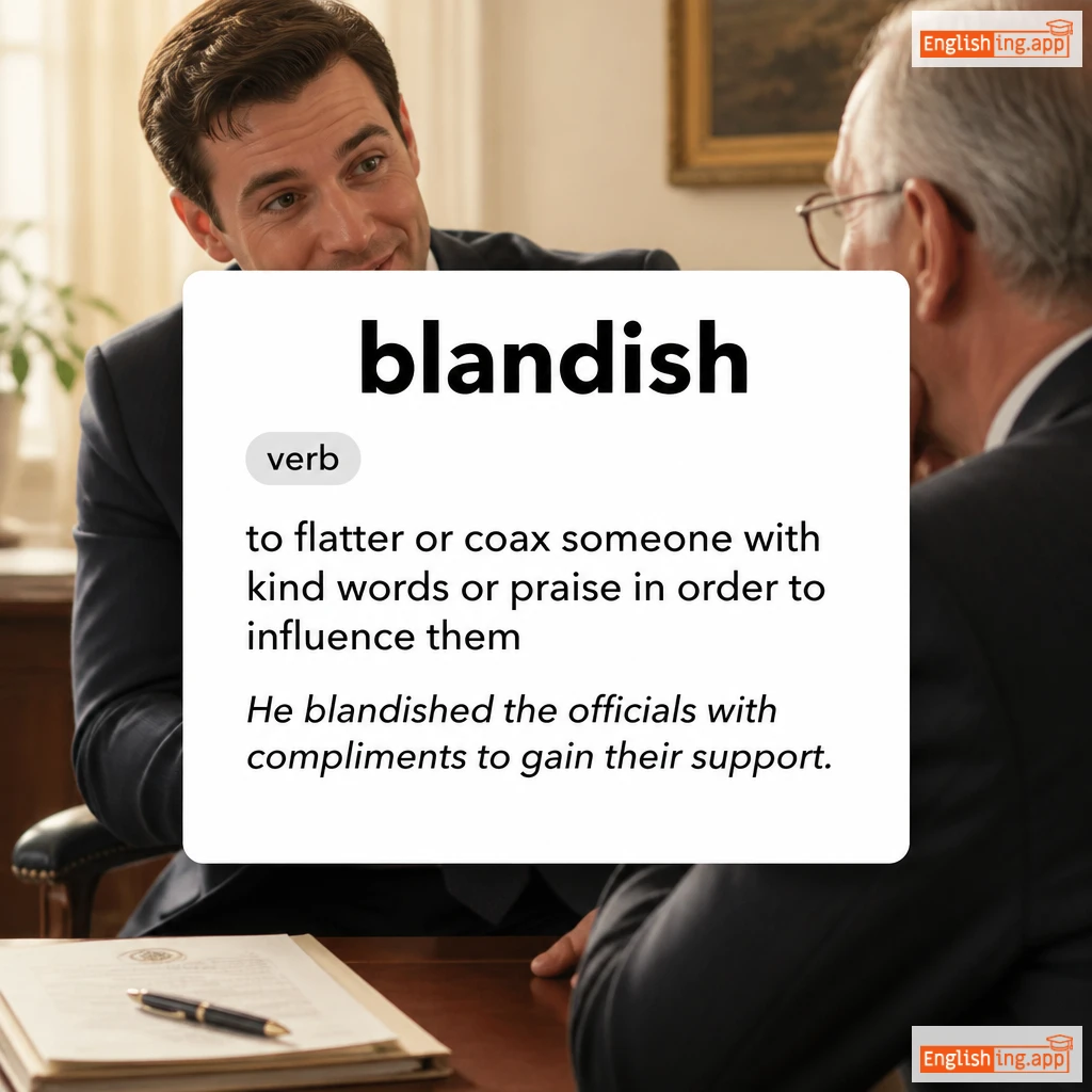 blandish definition card — visual illustration of the meaning