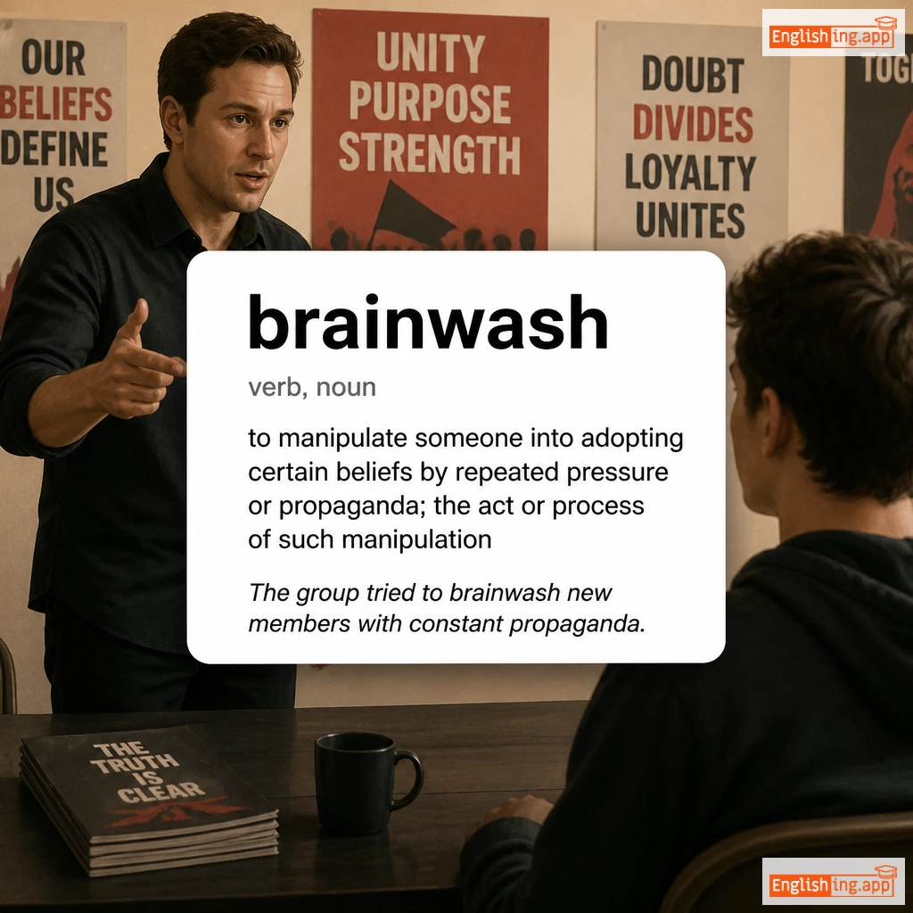 brainwash definition card — visual illustration of the meaning