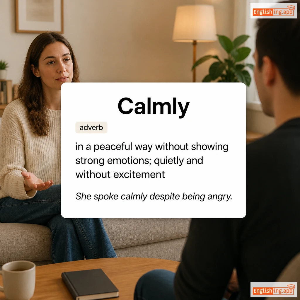 Calmly definition card — visual illustration of the meaning