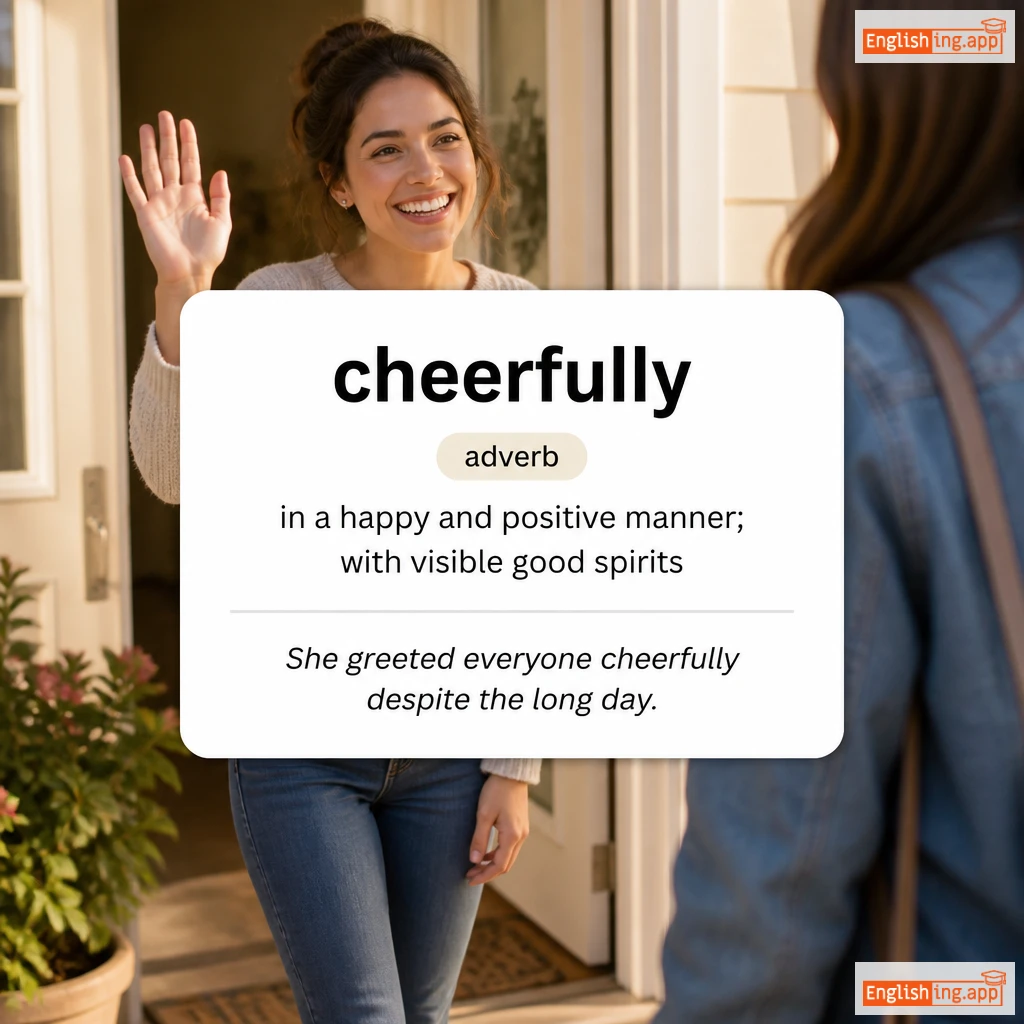 cheerfully definition card — visual illustration of the meaning