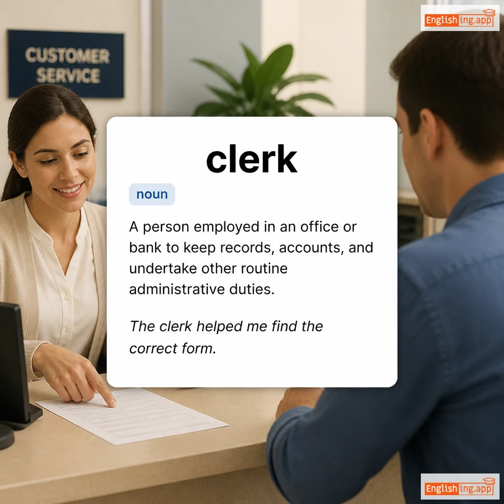 clerk definition card — visual illustration of the meaning