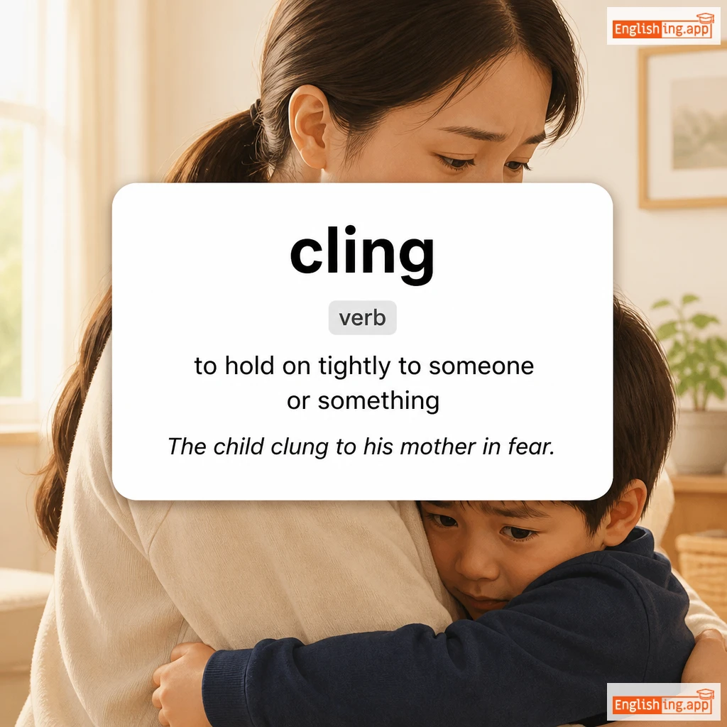 cling definition card — visual illustration of the meaning
