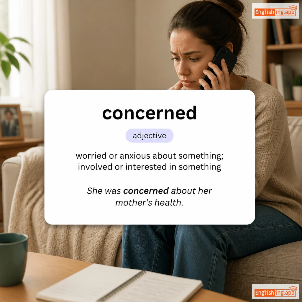 concerned definition card — visual illustration of the meaning