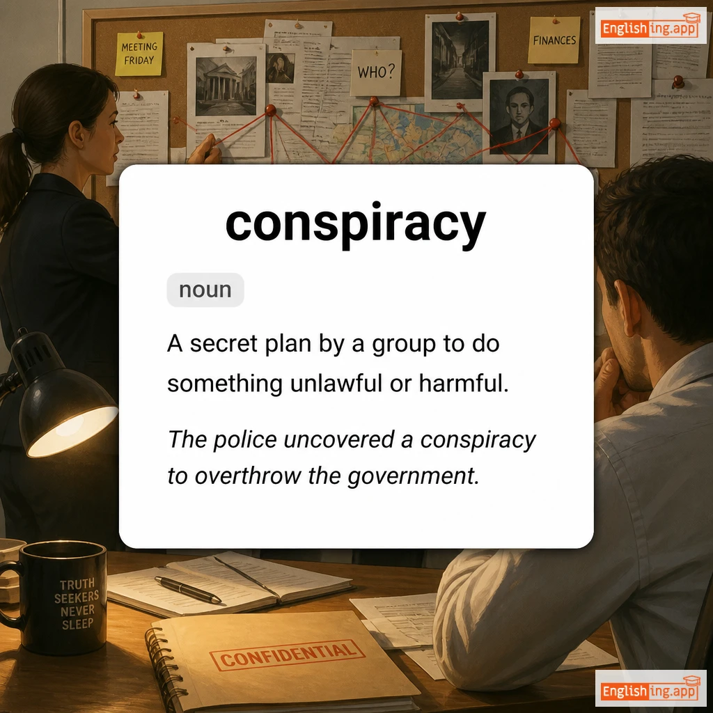 conspiracy definition card — visual illustration of the meaning
