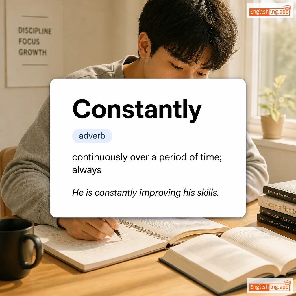 Constantly definition card — visual illustration of the meaning