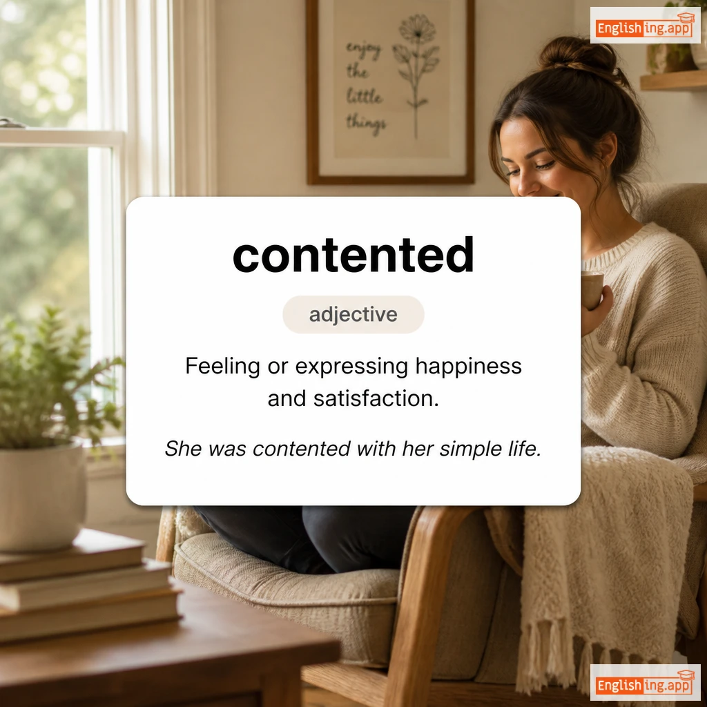 contented definition card — visual illustration of the meaning