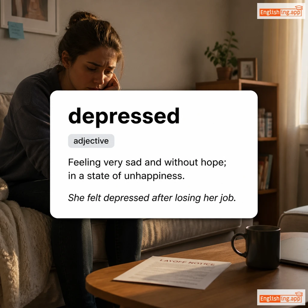 depressed definition card — visual illustration of the meaning