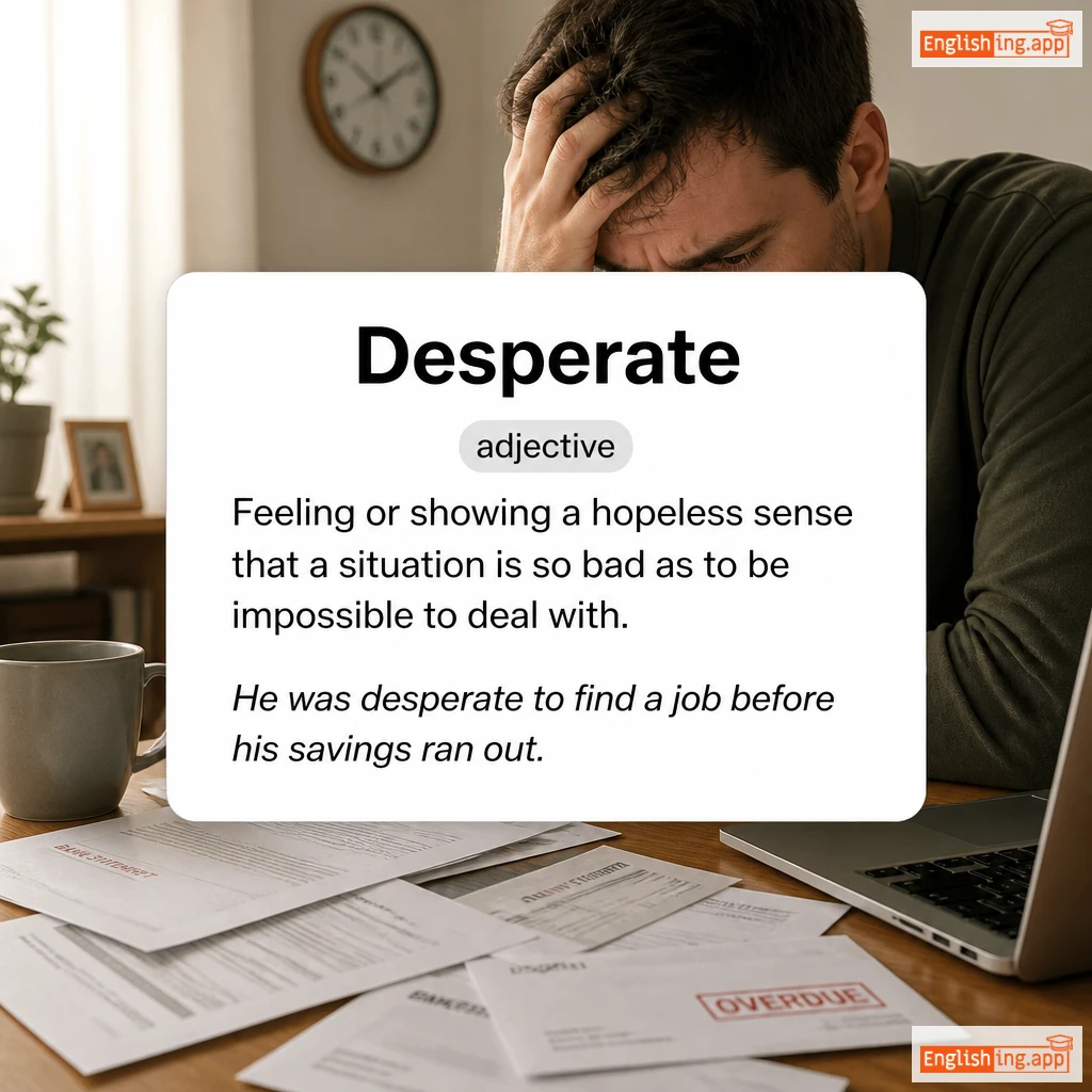 Desperate definition card — visual illustration of the meaning