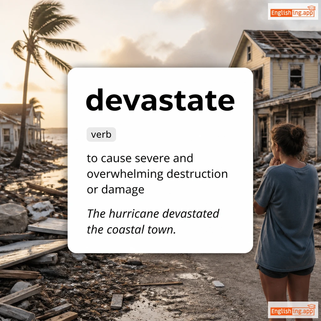 devastate definition card — visual illustration of the meaning