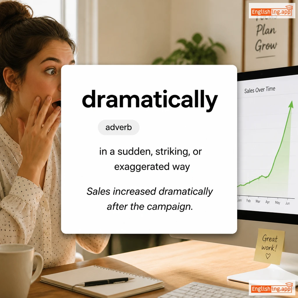 dramatically definition card — visual illustration of the meaning