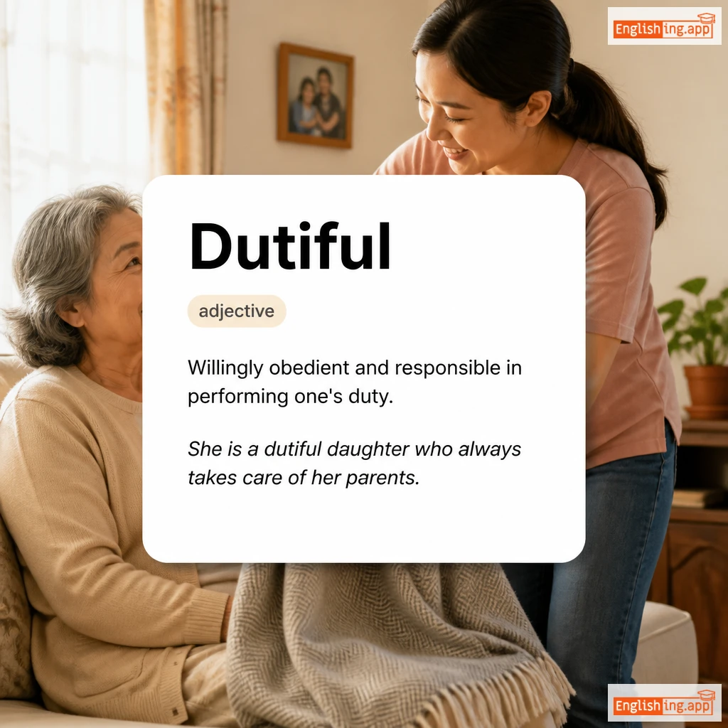 Dutiful definition card — visual illustration of the meaning