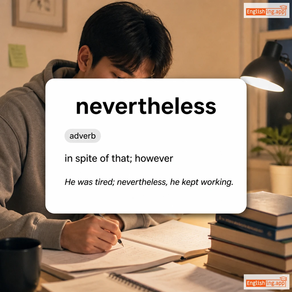 nevertheless definition card — visual illustration of the meaning