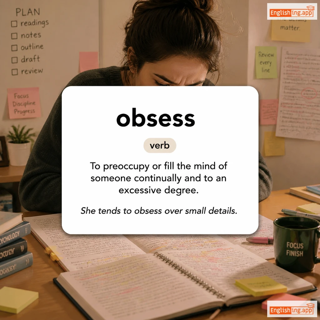 obsess definition card — visual illustration of the meaning