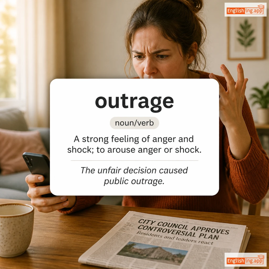 outrage definition card — visual illustration of the meaning