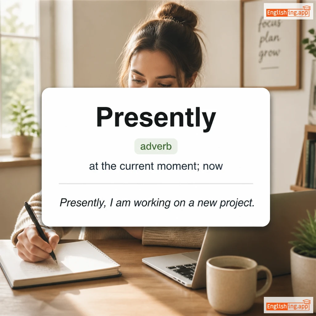 Presently definition card — visual illustration of the meaning