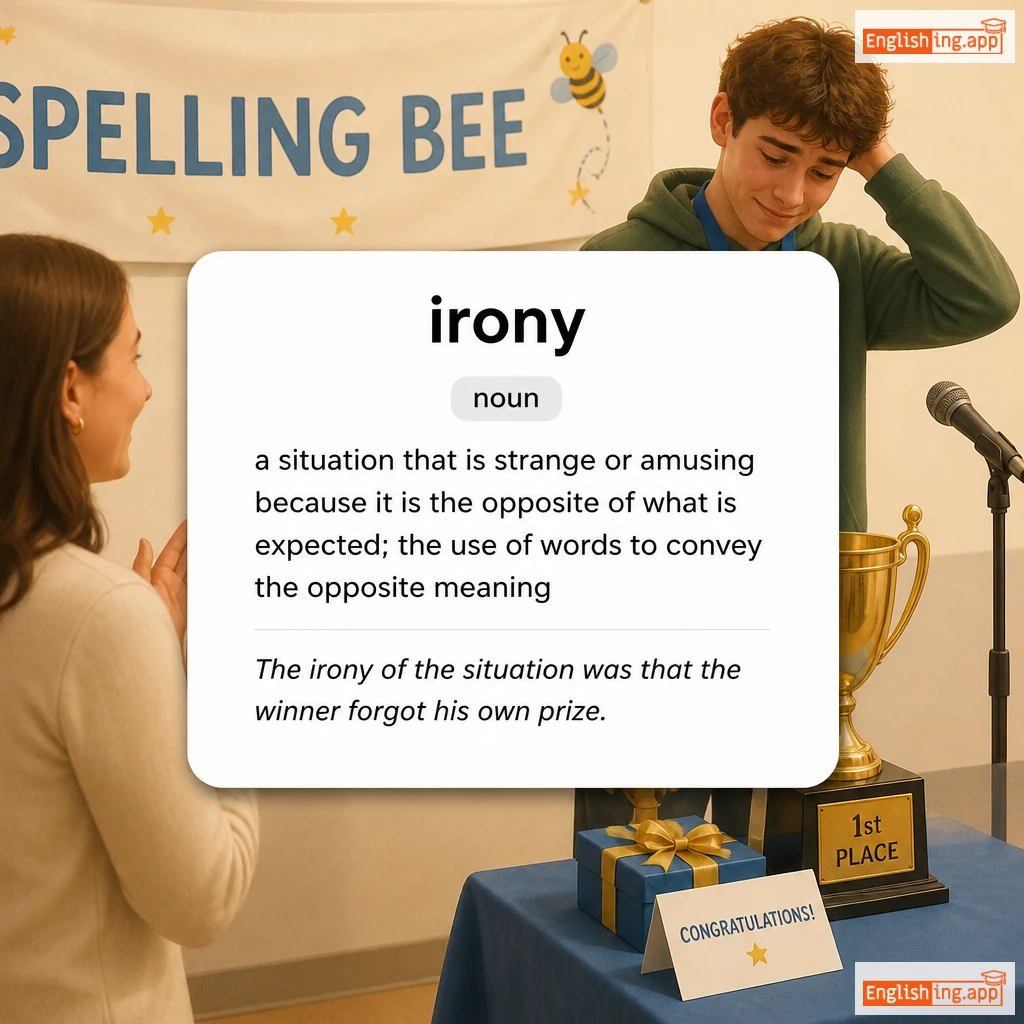 irony definition card — visual illustration of the meaning