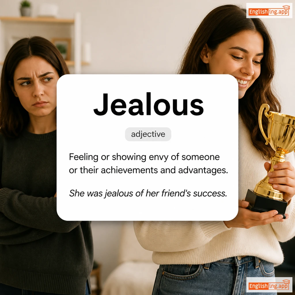 Jealous definition card — visual illustration of the meaning