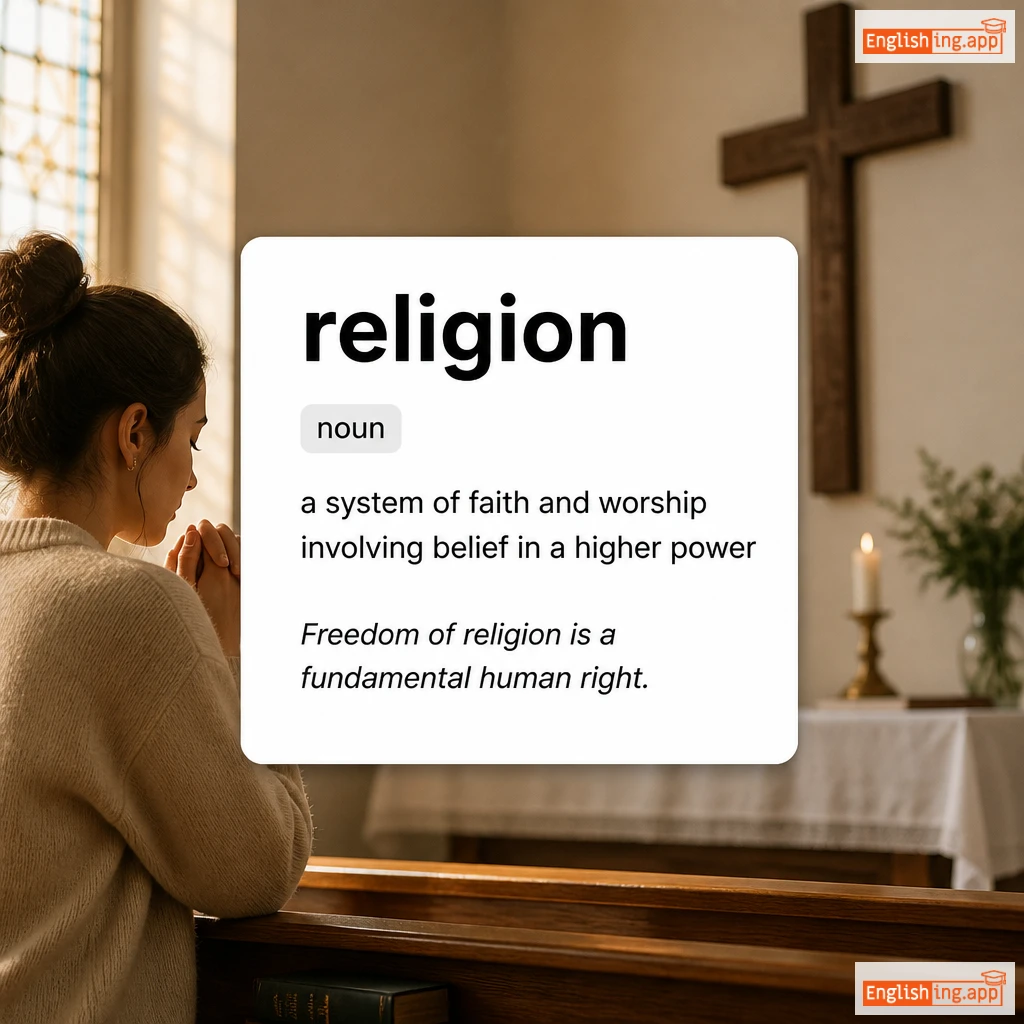 religion definition card — visual illustration of the meaning